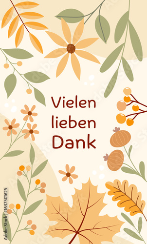 Vielen lieben Dank - Schriftzug in deutscher Sprache. Herbstliche Grußkarte mit Blumen, Beeren und Blättern.