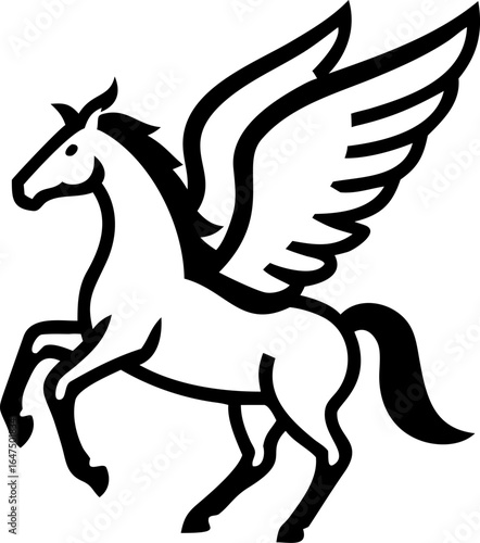 Mythical pegasus flying with open wings line art icon