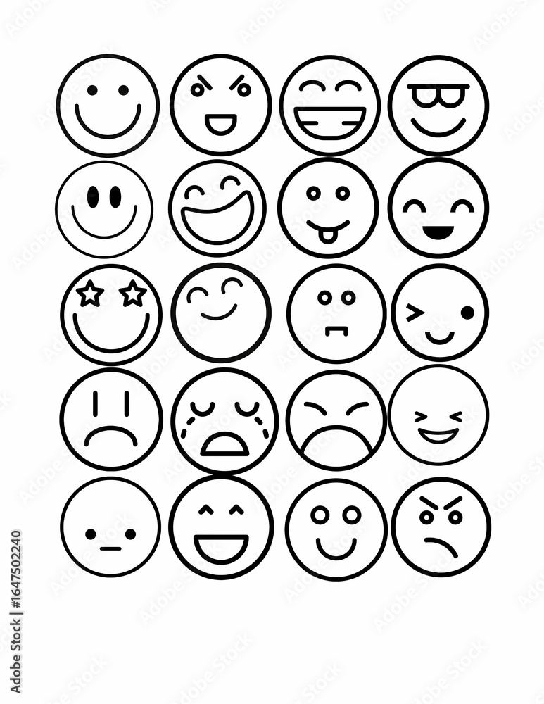 Diverse collection of expressive emoji faces capturing a full range of human emotions and moods