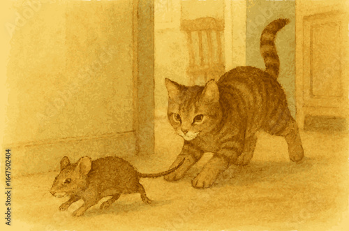 Tabby Cat Stalking a Mouse in a Brown Toned Interior