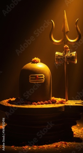 Sacred Symbolism: A Dramatic Close-Up of a Shiva Lingam and Trishul