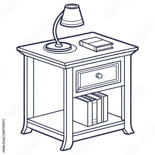 A simple line drawing of a wooden nightstand with a lamp and books