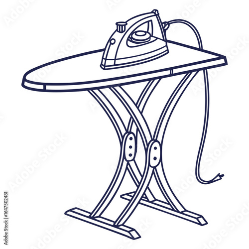 A simple line drawing of an electric iron resting on a foldable ironing board with its cord attached