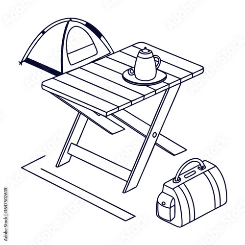 Camping scene with a tent portable table teapot and duffel bag in a clean line art style
