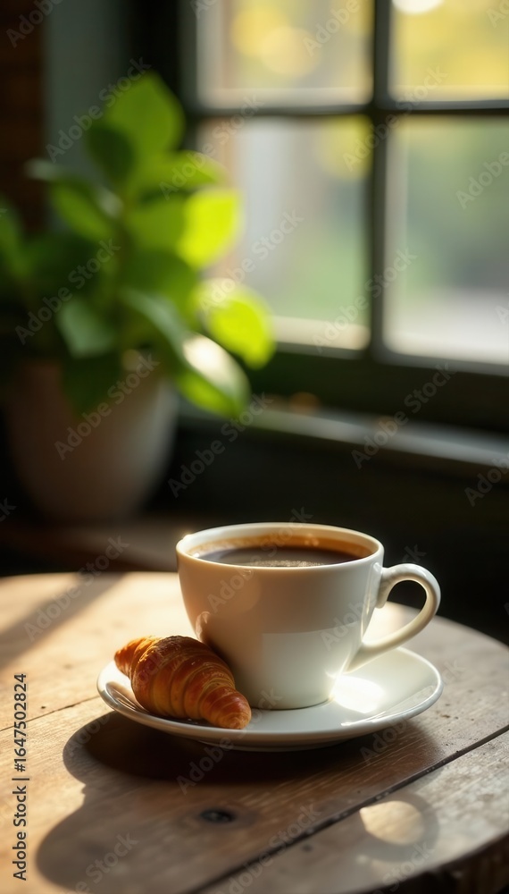 Fototapeta premium Coffee cup and croissant on rustic table, sunlit, cozy, wood, objects