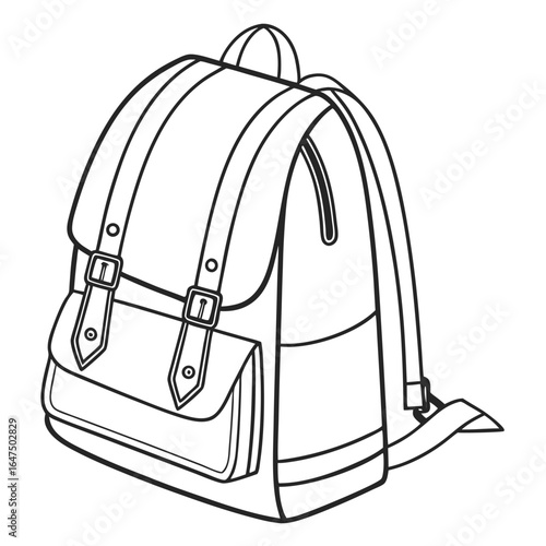 Classic black and white line drawing of a vintage style backpack with buckles and straps