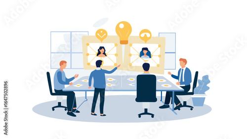 Business meeting with online participants and idea generation in a modern office space setting