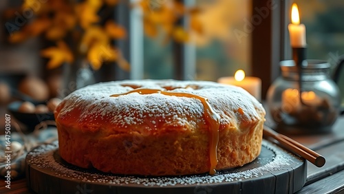 Traditional German honey cake with sugar dusting, evoking cozy nostalgia.