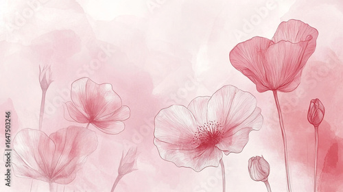 A soft watercolor painting depicts delicate pink flowers with thin stems against a light, hazy background. The artwork has a gentle, dreamy feel.
