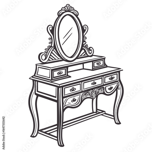 Elegant vintage dressing table with ornate mirror and multiple drawers hand drawn illustration