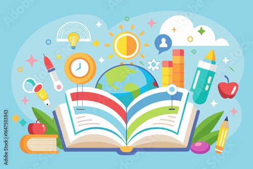 Open Book with Rainbow Path and Educational Icons Vector
