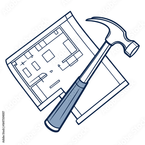 Hammer resting on architectural blueprint of a residential floor plan for renovation