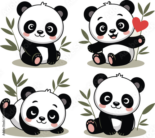 Cute cartoon panda illustrations, kawaii baby pandas with bamboo and heart, adorable animal characters for kids, nursery art, and decoration