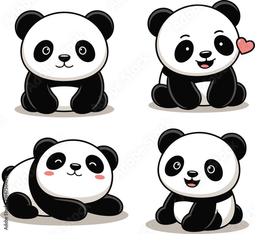 Cute cartoon panda illustrations, kawaii baby pandas with bamboo and heart, adorable animal characters for kids, nursery art, and decoration