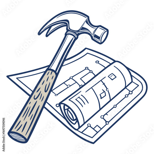 Hammer resting on architectural blueprints representing construction planning and building projects