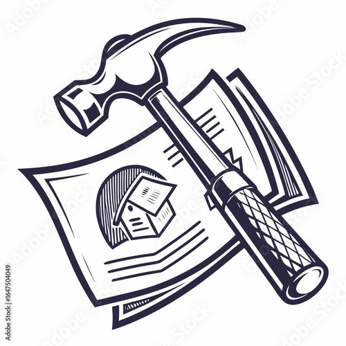Hammer resting on architectural blueprints with a sketch of a house symbolizing construction and planning
