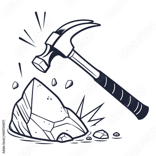 Hammer striking a rock causing it to break apart with flying debris and fragments