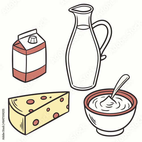 Hand drawn dairy products including cheese milk carton and yogurt in a bowl with a spoon