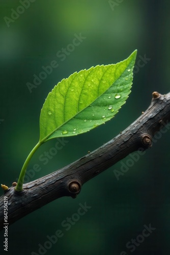 Single, dew-kissed leaf extending from a gnarled, aged branch , aged, closeup, single