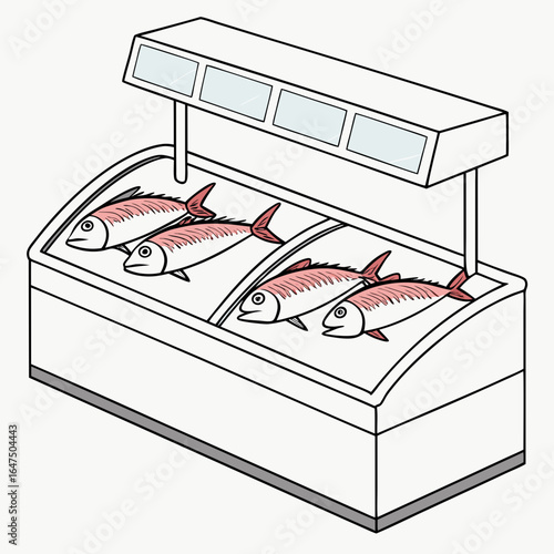 Illustration of a refrigerated display case filled with fresh fish for sale at a market