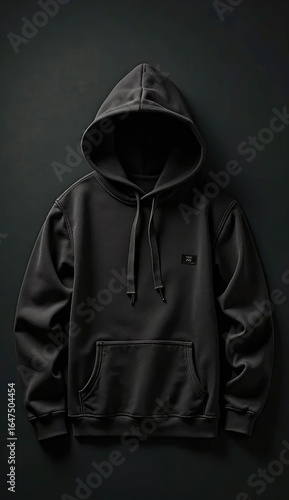 Black Knit Hoodie with Brown Tag on Dark Background