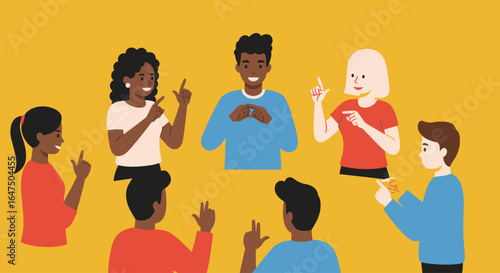 Diverse group of people communicating using sign language in a circle.