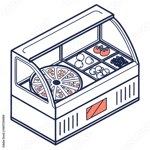Illustration of a refrigerated display case filled with pizza slices and various fresh ingredients