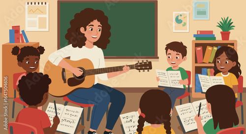 A smiling teacher plays an acoustic guitar for a diverse group of young students engaged in a music lesson within a classroom setting.
