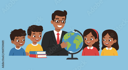 A smiling teacher in a suit points to a globe, surrounded by four diverse, attentive young students in a classroom setting, suggesting a geography lesson.