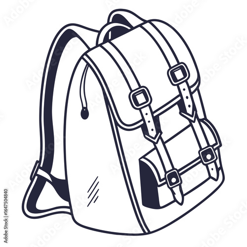 Retro style backpack with buckles and straps hand drawn outline illustration on white background