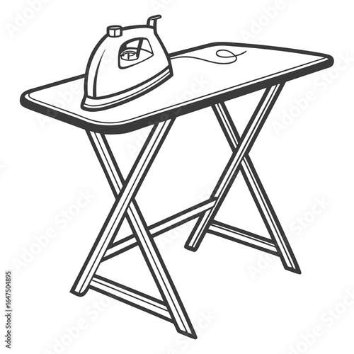 Simple black and white line drawing of a portable ironing board with an electric iron resting on top