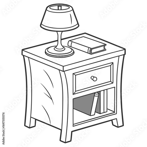 Simple line drawing of a nightstand with a lamp and books on top and in shelf