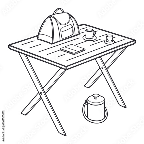 Simple line drawing of a folding picnic table with a backpack cups of coffee and a thermos