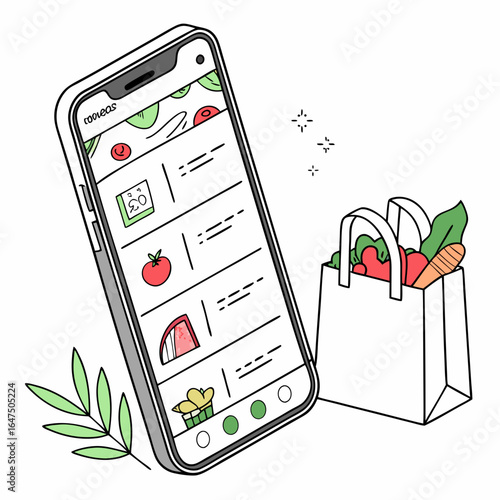 Smartphone showing a grocery list next to a reusable shopping bag filled with fresh produce