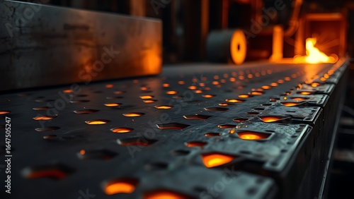 Industrial metal surface with glowing orange edges in a dark workshop, showcasing precise geometric cuts.