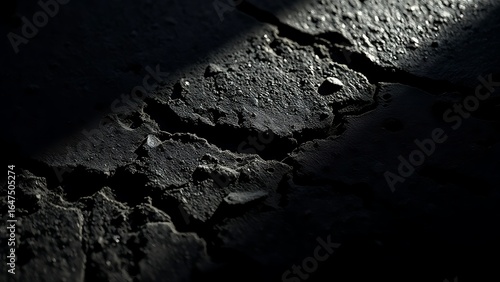 Close-up of rugged black concrete surface with dramatic shadows, an abstract texture study.