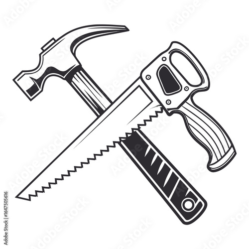 Vintage black and white illustration of a crossed hammer and hand saw on a white background