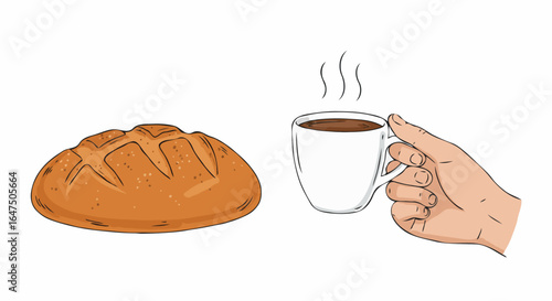 A comforting scene featuring a loaf of bread alongside a hand holding a cup of coffee, symbolizing a moment of relaxation and indulgence.