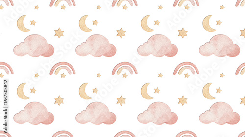 Seamless pattern of clouds moons stars and rainbows on black background