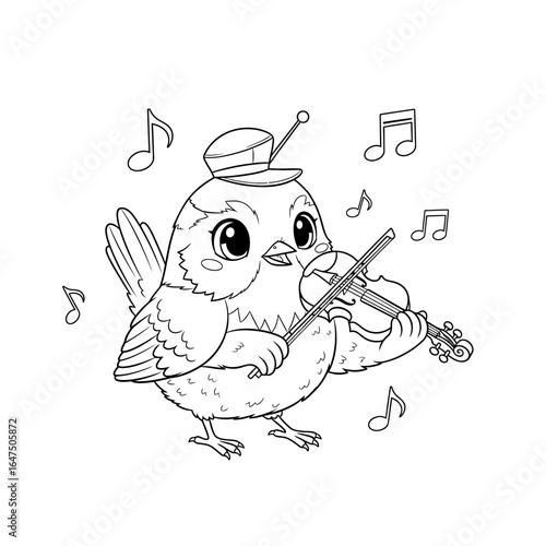 Melodious Songbird: A charming illustration of a delightful bird, adorned with a hat, serenading with a miniature violin and accompanied by musical notes, a whimsical depiction.
