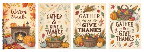 A cozy autumn-themed set of four illustrations celebrating gratitude and harvest.