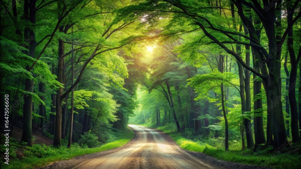 Fototapeta premium Sunlit Path Through a Verdant Forest Canopy, Leading to an Unknown Destination