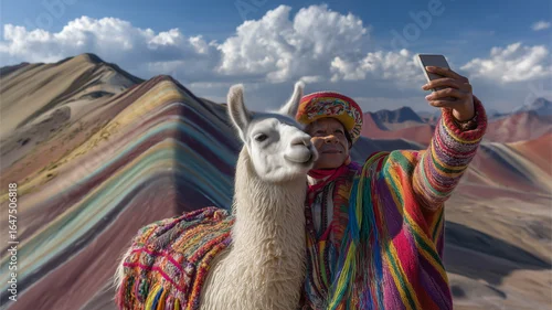 Obraz Starsza rdzenna mieszkanka Peru w tradycyjnym stroju robi sobie selfie z lamą na tle Gór Tęczowych Vinicunca.

