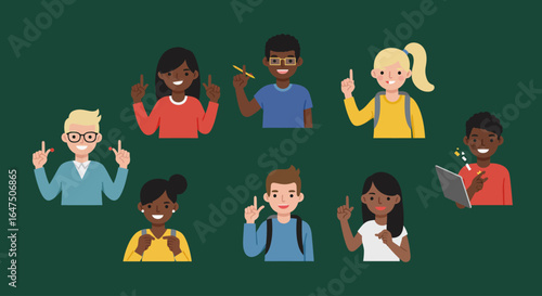 Diverse group of smiling students, some holding pens and books, others using laptops, all pointing upwards with index fingers, signifying ideas and learning.