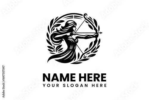 Silhouette of Archer Woman with Bow and Arrow Framed by Laurel Wreath.