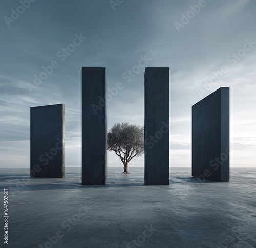 A minimalist composition, empty space, angular walls stretching to the horizon, with a tree in the distance