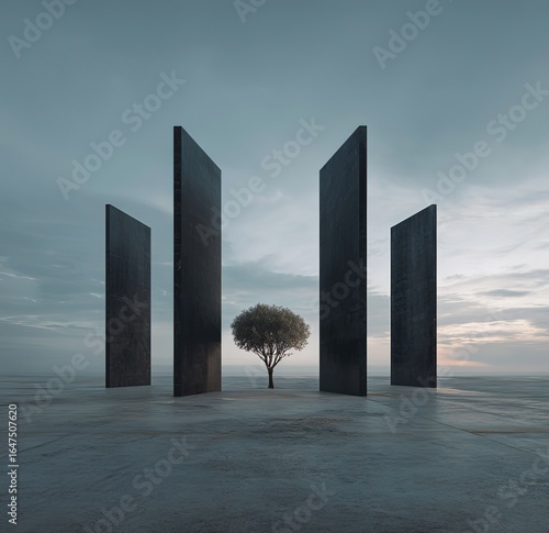 A minimalist composition, empty space, angular walls stretching to the horizon, with a tree in the distance