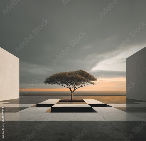 A minimalist composition, empty space, angular walls stretching to the horizon, with a tree in the distance