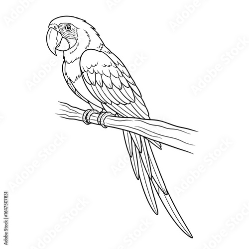 Exotic Parrot Perched: A detailed monochrome sketch of a vibrant parrot perched gracefully on a branch.