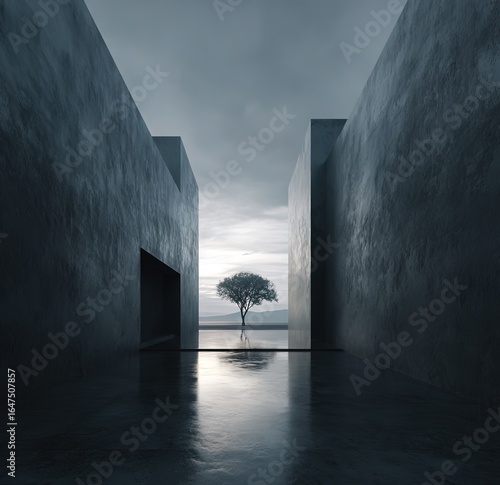 A minimalist composition, empty space, angular walls stretching to the horizon, with a tree in the distance